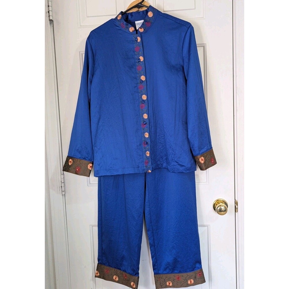 Cabernet Satin Lounge Pajama Set Medium Blue Embroidered Trim Mandarin Collar